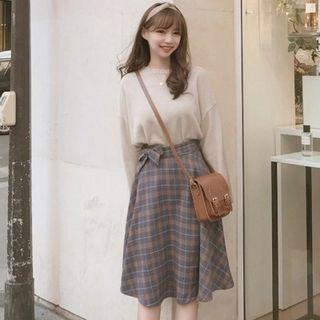 Long-sleeve Plain Knit Top / Plaid Midi Skirt / Set