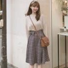 Long-sleeve Plain Knit Top / Plaid Midi Skirt / Set