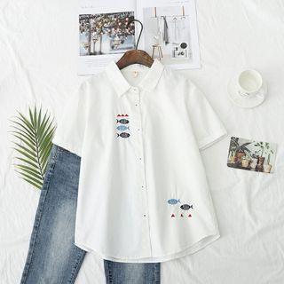 Elbow-sleeve Fish Embroidered Shirt