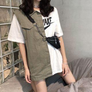 Elbow-sleeve Color Block Letter Print T-shirt As Shown In Figure - One Size