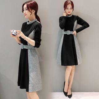 Mock Collar Knit Panel A-line Dress