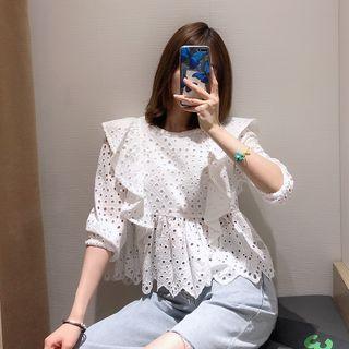 Ruffled Elbow-sleeve Eyelet Blouse