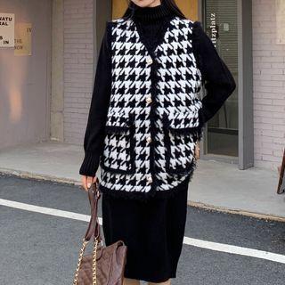 Turtleneck Plain Midi Sweater Dress / Houndstooth Button-up Sweater Vest