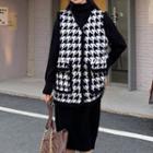 Turtleneck Plain Midi Sweater Dress / Houndstooth Button-up Sweater Vest