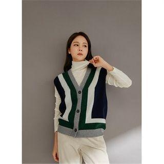 Buttoned Color-block Wool Blend Knit Vest Navy Blue - One Size