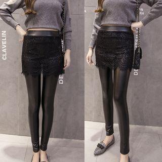 Faux Leather Leggings Inset Lace Skirt