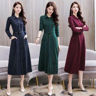 Long-sleeve Striped Midi A-line Shirtdress