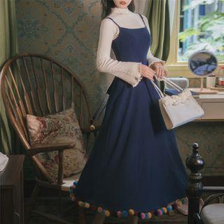 Set: Flared-sleeve Sweater + Pom Pom Accent Midi Pinafore Dress