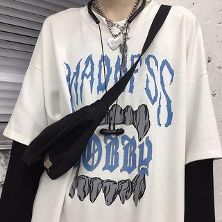 Mock Two-piece Long-sleeve Letter Print T-shirt