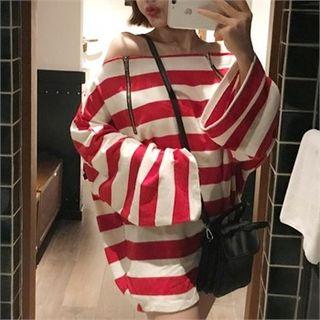 Off-shoulder Zip-trim Color-block Top