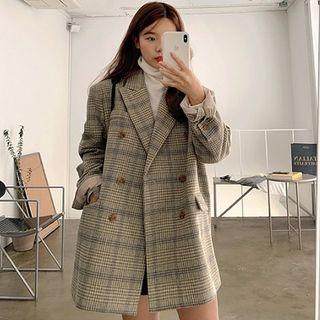 Double-breasted Plaid Long-sleeve Blazer As Shown In Figure - One Size