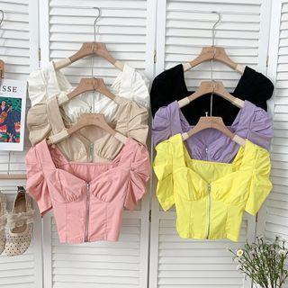 Puff-sleeve Zipper Crop Top In 8 Colors