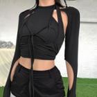 Mock Two-piece Long-sleeve Strappy Cutout Crop Top