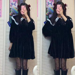 Peter Pan Collar Velvet A-line Dress As Figure - One Size