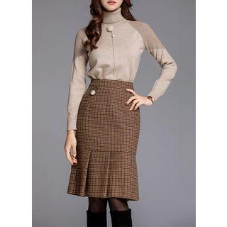 Faux-pearl Pleated Midi Plaid Skirt