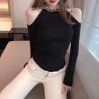 Rhinestone Chain Cold-shoulder Knit Top Black - One Size