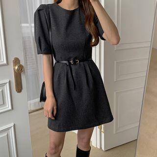 Puff-sleeve Herringbone A-line Dress With Belt