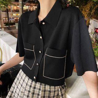 Short-sleeve Collared Cropped Cardigan