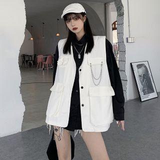 Long Sleeve Plain Shirt / Chain Accent Button-up Vest