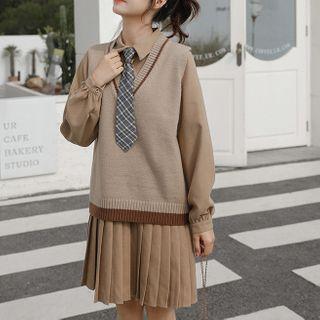 Set: Long-sleeve Collared Dress + Sweater Vest + Plaid Tie