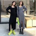 Long-sleeve Square-neck Plain Slim-fit Knit Dress
