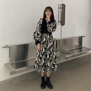 Mock Two Piece Puff-sleeve Floral Dress As Shown In Figure - One Size