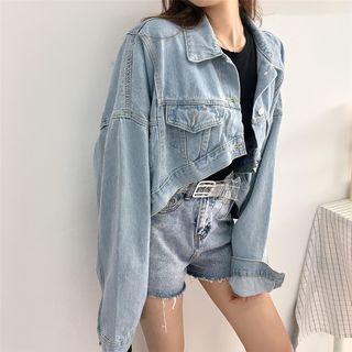 Cropped Buttoned Denim Jacket Light Blue - One Size