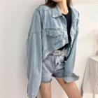 Cropped Buttoned Denim Jacket Light Blue - One Size