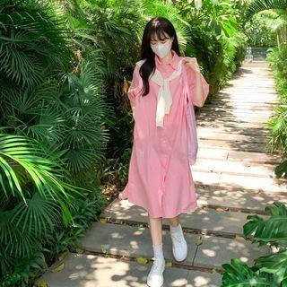 Short-sleeve Plain Shirt Dress + Shawl