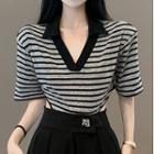 Short-sleeve Collared Striped T-shirt Stripes - Black & Gray - One Size