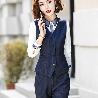 Slim-fit Dress Pants / Striped V-neck Vest / Mini Pencil Skirt / Long-sleeve Blouse / Set