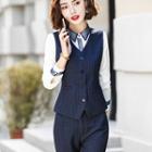Slim-fit Dress Pants / Striped V-neck Vest / Mini Pencil Skirt / Long-sleeve Blouse / Set