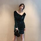 Shirred Velvet Cutout-back Mini Sheath Dress