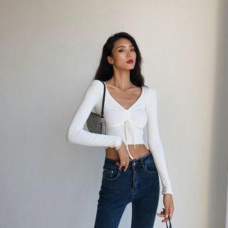 V Neck Pleated Plain Long-sleeve Top