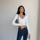 V Neck Pleated Plain Long-sleeve Top