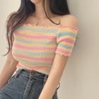 Off Shoulder Frilled Striped Crop T-shirt
