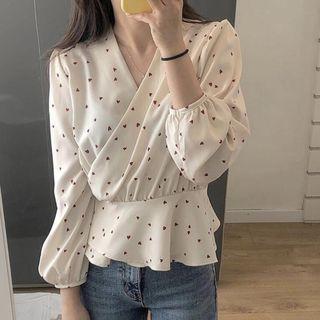 Long Sleeve Heart Print Wrap Top