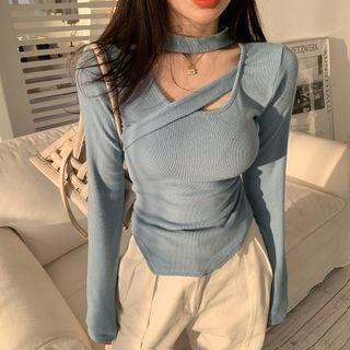 Long Sleeve Cross Strap Irregular Plain Top
