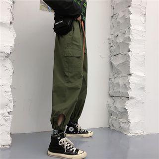 Cutout Gather-cuff Side-pocket Belted Casual Pants