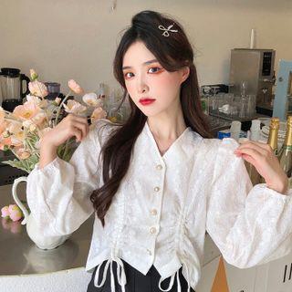 Puff-sleeve V-neck Drawstring Lace Cropped Blouse