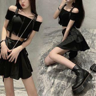 Cold-shoulder Crop Top / Cropped Halter Top / Mini A-line Skirt / Set