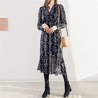 Wrap-front Flower Pattern Chiffon Long Dress