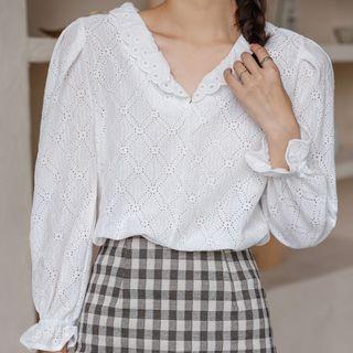 Bell-sleeve V-neck Eyelet Blouse
