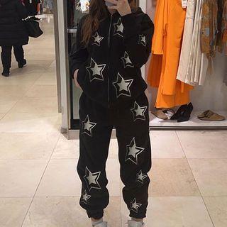 Long Sleeve Star Print Hooded Jacket + Sweatpants