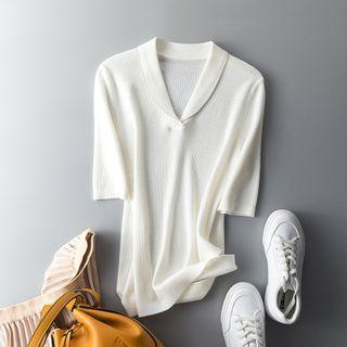 Short-sleeve Collared V-neck Knit Top