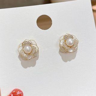 Flower Rhinestone Faux Pearl Earring 1 Pair - White & Gold - One Size