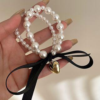 Ribbon Faux Pearl Hair Tie White & Black & Gold - One Size