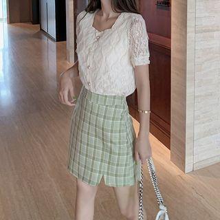 Set: Short-sleeve Lace Top + Mini Plaid A-line Skirt