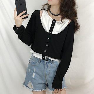 Mock Two Piece Long-sleeve T-shirt As Shown In Figure - One Size
