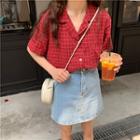 Short-sleeve Plaid T-shirt Red - One Size